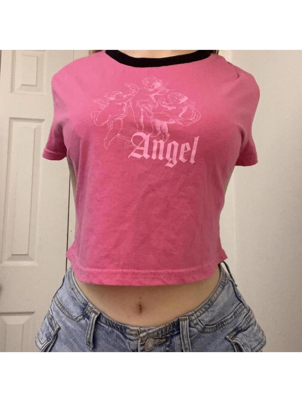 Pink angel baby tee with black trim